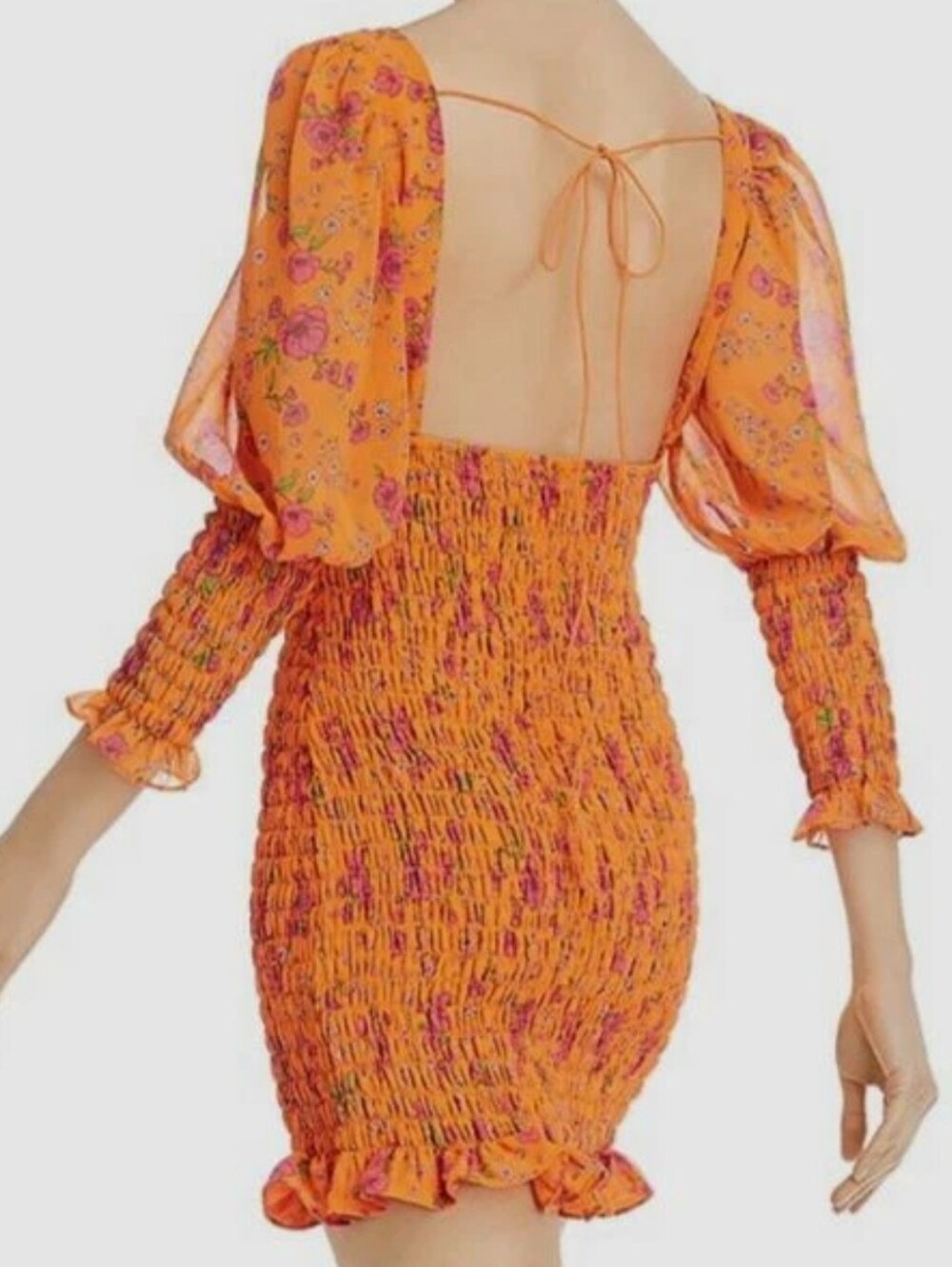 For Love And Lemons Orange Chiffon Peony Floral Puff-Sleeve Mini Dress S